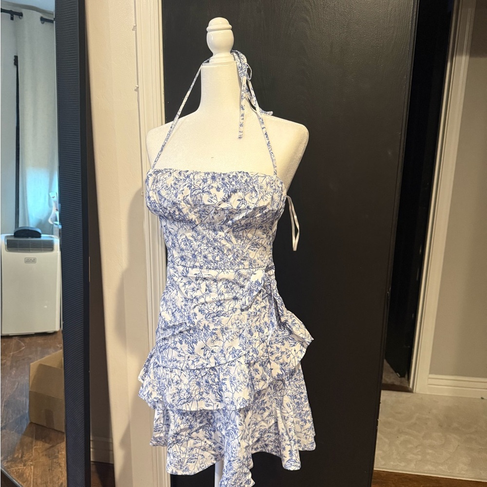 Blue and White Floral Halter Ruffle Mini Dress
